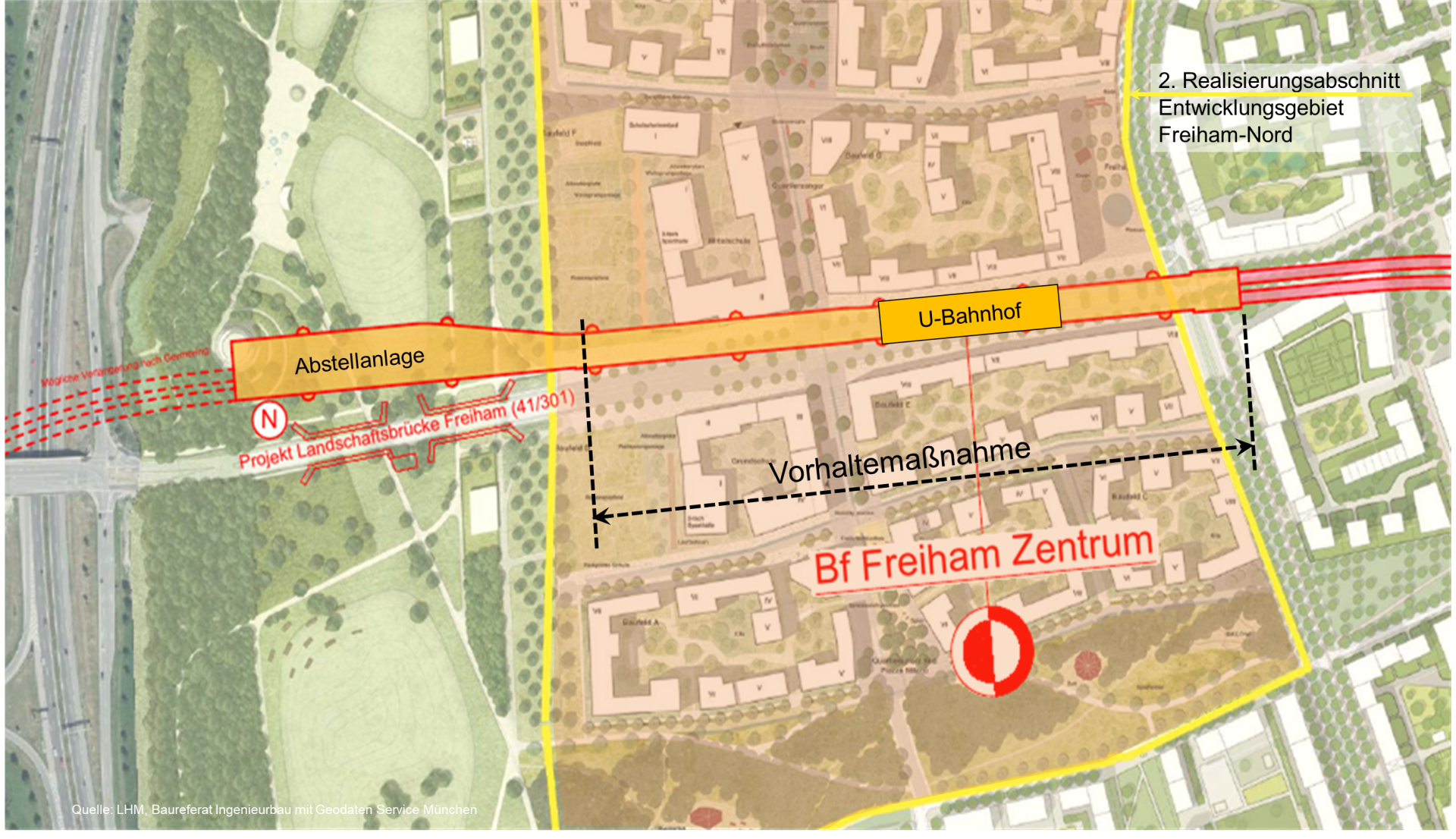 Lageplan der U-Bahn-Vorhaltemaßnahme in Freiham; Quelle: Baureferat