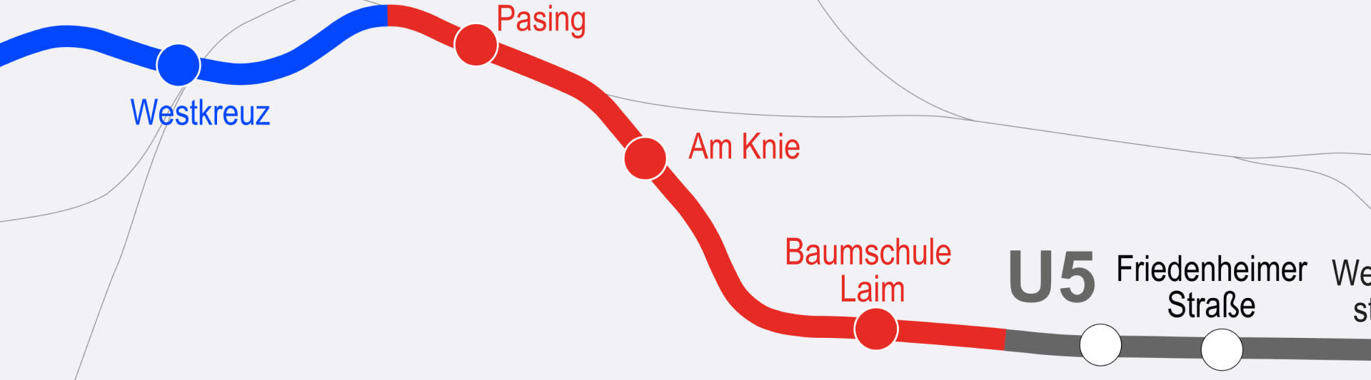 Netzplan-Ausschnitt der Münchern U-Bahn im Bereich der U5-Verlängerung vom Lamier Platzt nach Pasing; Quelle: Baureferat
